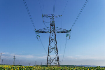 A striking view of a power pylon against a vivid blue sky, with a field of sunflowers.
