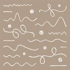 Children's Abstract Chalk Drawn Sketch. Set of Design Elements White Lines and Circles Isolated on Craft Paper.