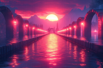 Sunset behind a bridge.