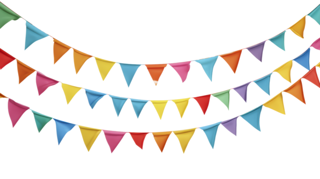 Colorful party bunting flags hanging in a festive arrangement, perfect for celebrations and events.