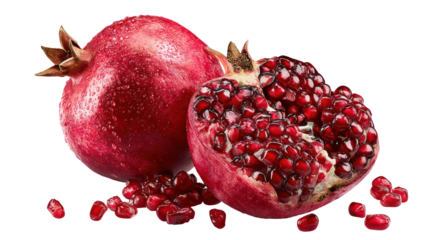 Fresh ripe pomegranate fruit with seeds isolated on transparent background