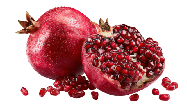 Fresh ripe pomegranate fruit with seeds isolated on transparent background