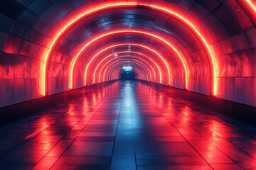 A tunnel illuminated by red lights.