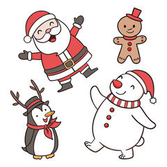 Vector cartoon illustration of a merry Christmas set with Santa Claus, a snowman, and a reindeer