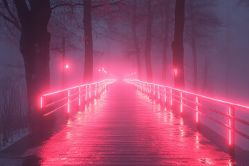 Red light on foggy bridge.