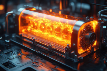 Glowing orange light on computer motherboard.