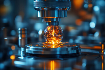 Lit light bulb on metal surface.