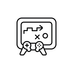 A game plan on a screen with two controllers attached. Line icon. Editable stroke