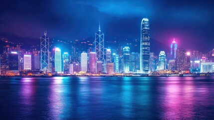 Obraz premium Neon Cityscape Reflections over Tranquil Waters