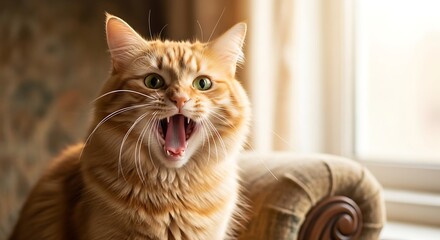 Ginger Cat Yawning in Sunlight by Window.