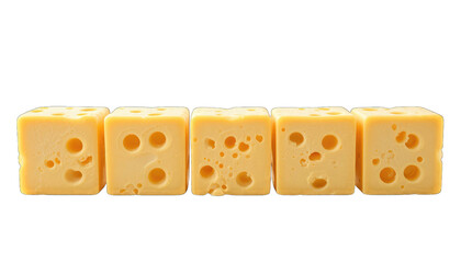 Five cubes of Swiss cheese in a row on black background isolated on a transparent background