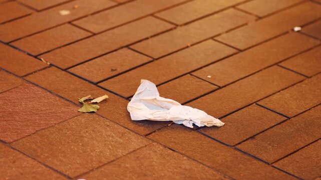 Wrinkled paper napkin slightly rustling in soft city breeze. Light trash gently shifting on tiled pavement among fallen leaves. Minor wind movement exposing deeper issue of unchecked urban waste and