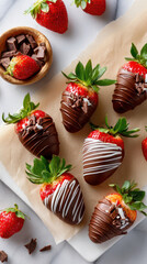 Obraz premium Fresh strawberries dipped in chocolate, drizzled with white chocolate, and sprinkled with chocolate pieces on a marble surface