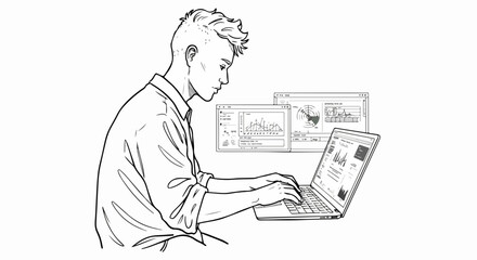 Using laptop with multiple windows shows digital workflow, focusing on data analysis on laptop, showing charts and graphs. Data analysis presented in clear layout,