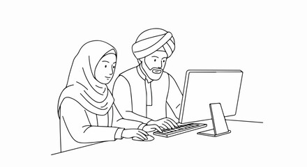 Muslim man and woman working together on computer at desk, collaborative team engaged on project. Muslim colleagues in collaborative team setting are leveraging digital tools for project advancement,