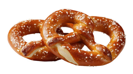 Two freshly baked pretzels with salt isolated on transparent background