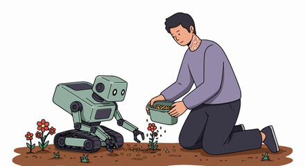 Planting flowers with a humanoid robot companion on a sunny day. Planting flowers alongside intelligent machine showcases technology meeting nature, offering fresh perspective.