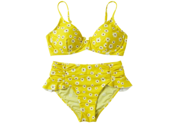 Isolated Yellow daisy print high waisted bikini set for women, trendy swimwear fashion