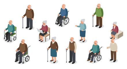 Isometric elderly people in various activities and poses on white background