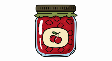 Cherry jam illustration on white background, featuring cute cartoon cherry jam in jar with fruit label. Delicious cherry jam makes great gift, preserves summer flavor,