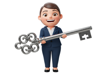 Isolated businesswoman holding large silver key, solution concept, cartoon character, 3d