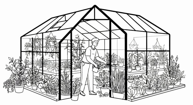 Greenhouse illustration presents interior with potted plants, person watering plants, creating a garden oasis. Greenhouse displays horticulture and gardening concepts,