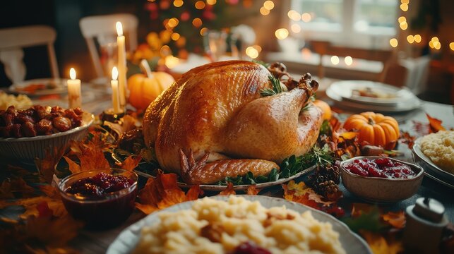 Roasted thanksgiving turkey on a festive table setting warm lighting autumnal colors