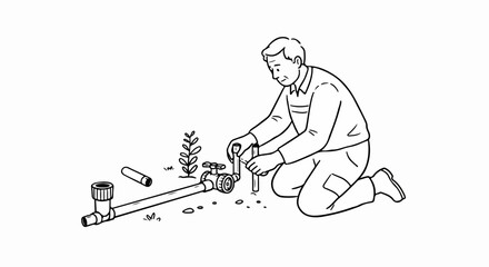 Man performing pipe repair on outdoor irrigation system, kneeling, using tools joining PVC pipe. Pipe repair involves connecting segments and fittings for efficient garden watering infrastructure.