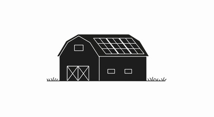 Barn with solar panels on white provides an illustration of sustainable energy. Black and white barn showing environmental awareness with eco-friendly solar panels that harnesses renewable energy.