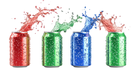 Four colorful soda cans with splashing liquid isolated on transparent background