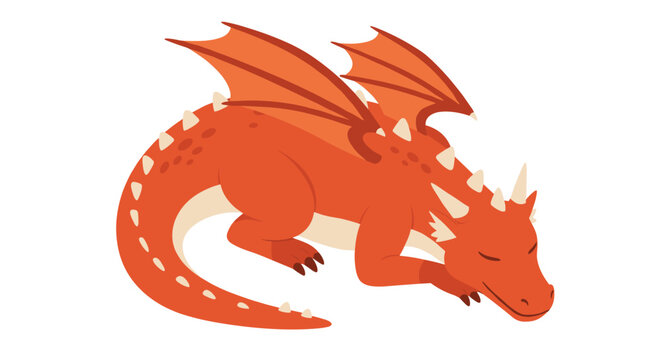 Sleeping dragon with spiky horns and wings in flat cartoon style