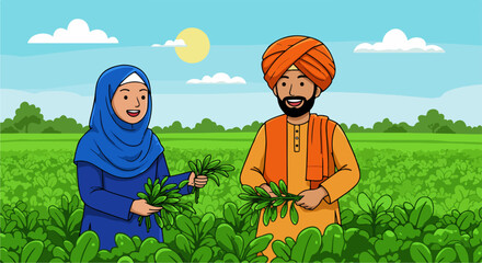 Indian farmers harvesting crops in field under bright sun. Indian farmers wearing traditional clothing are shown against lush greenery. Conceptual image Indian farmers cultivating harvest together,