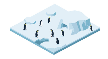 Isometric penguin colony on icy terrain with icebergs and snowy caves