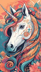 Whimsical Unicorn Portrait Embellished with Colorful Floral and Psychedelic Patterns