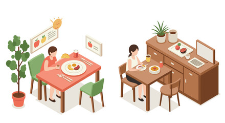 Isometric indoor dining scenes with healthy breakfast elements