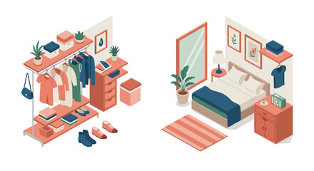 Obraz premium Modern isometric bedroom and closet design with furniture and accessories