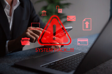 Cybersecurity warning concept showing digital red triangle with system hack alert, highlighting dangers of data theft, phishing attacks, or unauthorized access.