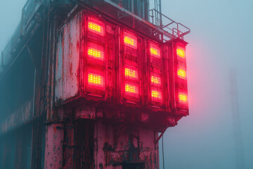 Red light in fog on building.