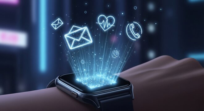 Smartwatch technology futuristic hologram notification email call health modern wearable device innovation