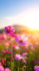 Delicate pink cosmos flowers blossom in a vibrant field bathed in golden sunlight, creating a picturesque and serene scene.