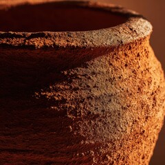 Detailed close-up of a rustic, weathered terracotta pot with a rough, porous surface.
