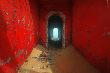 A lone chair sits in the center of a red room.