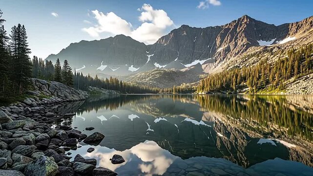 Beautiful mountain lake with a rocky shoreline. The water is clear and calm. Peaceful atmosphere. 2K Video.