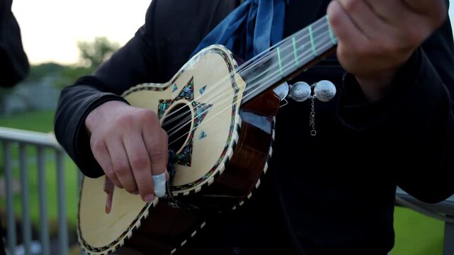 Musician playing a traditional string instrument, mariachi band, wearing a dark suit with decorative details