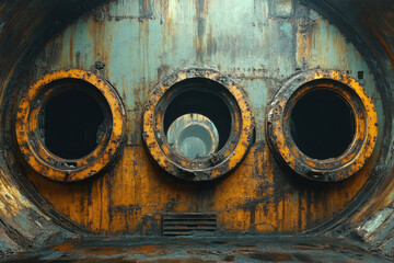 Rusty ship with round windows.