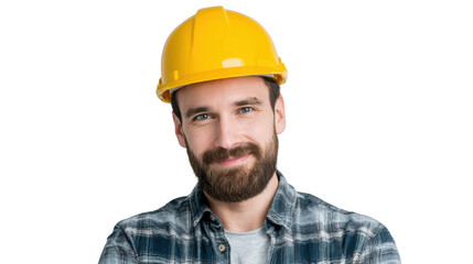 Confident construction worker smiling, wearing a yellow hard hat and plaid shirt, isolated background