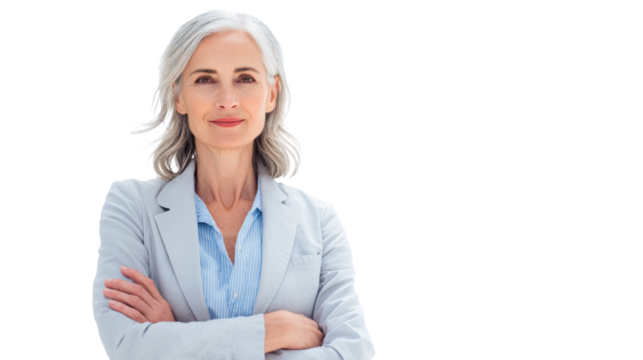 Confident older woman with gray hair and a blazer, standing with arms crossed, white isolated background.