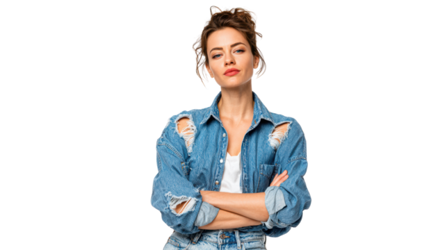 Confident woman in a denim jacket with arms crossed, isolated on a white background.