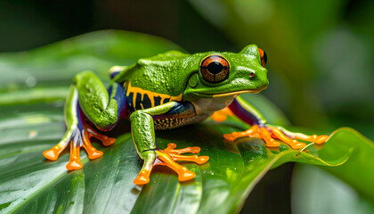 Obraz premium Vibrant Red-Eyed Tree Frog Perched on Green Leaf in Rainforest Habitat