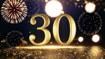 Golden 30 number with festive fireworks, great for milestone birthdays, anniversaries, and celebratory events.
